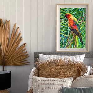 Tableau sur toile de perruche soleil aratinga solstitialis sur fond de jungle, déco murale exotique et tropicale aux couleurs de l’arc-en-ciel