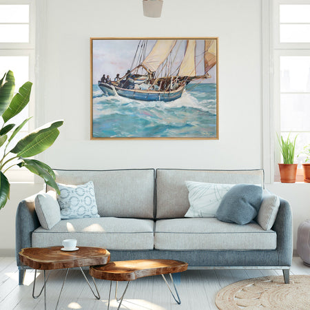 Peinture bateau sur toile de déco marine d’un voilier naviguant sur les vagues et dans les vents sur l’océan pour une déco intérieure bord de mer, côtière et moderne