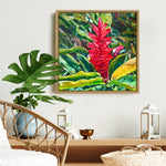 Charger l&#39;image dans la galerie, Tableau tropical, fleur de gingembre rouge unique, pour une déco murale exotique et une ambiance tropicale et moderne.
