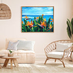 Charger l&#39;image dans la galerie, Tableau Fleurs Tropicales Oiseaux de Paradis devant l’océan
