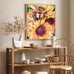 Charger l&#39;image dans la galerie, Tableau fleurs tropicales et nature d’une peinture de tournesol, Hélianthe ou soleil des jardins originaire d’Amérique aux couleurs chaudes, jaune, orange et rouge pour une déco murale vacances, moderne et bohème chic
