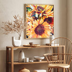 Charger l&#39;image dans la galerie, Tableau fleurs tropicales et nature d’une peinture de tournesol, Hélianthe ou soleil des jardins originaire d’Amérique aux couleurs chaudes, jaune, orange et rouge pour une déco murale vacances, moderne et bohème chic
