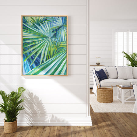 Decoration bohème et naturelle plage avec une peinture à l'huile de palmier et nature de feuilles tropicales, un tableau poster exotique colorée.
