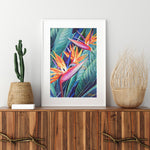 Charger l&#39;image dans la galerie, Tableau peinture à l’huile fleurs tropicales sur toile d’Oiseaux du Paradis, strelitzias, fleurs tropicales exotiques pour une déco murale de jungle multicolore.
