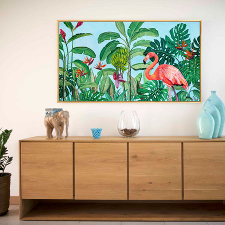 Peinture à l'huile flamant rose et fleurs tropicales jungle et nature d’une fresque d’oiseaux exotiques et sauvages des îles.