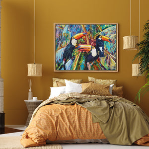Deco chambre tropicale et bohème avec toucans mural, tableau jungle et peinture palmier.