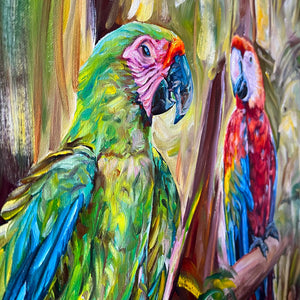 Fresque tropicale d’un ensemble de perroquets Ara, de toucans et de cacatoès, pour une déco murale moderne et bohème.