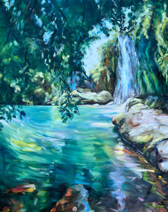 Peinture cascade de tableau de paysage nature, une crique ensoleillée un cours d'eau qui s’écoule le long d’un mur moussu, pour une deco murale naturelle et zen
