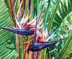Peinture oiseau de paradis tropical et tableau nature de Fleurs blanches de Ravenala ou arbre du voyageur, rappelant les oiseaux de paradis Strelitzia, une décoration murale bohème, vacances d’été, souvenirs des îles, exotique et chic 