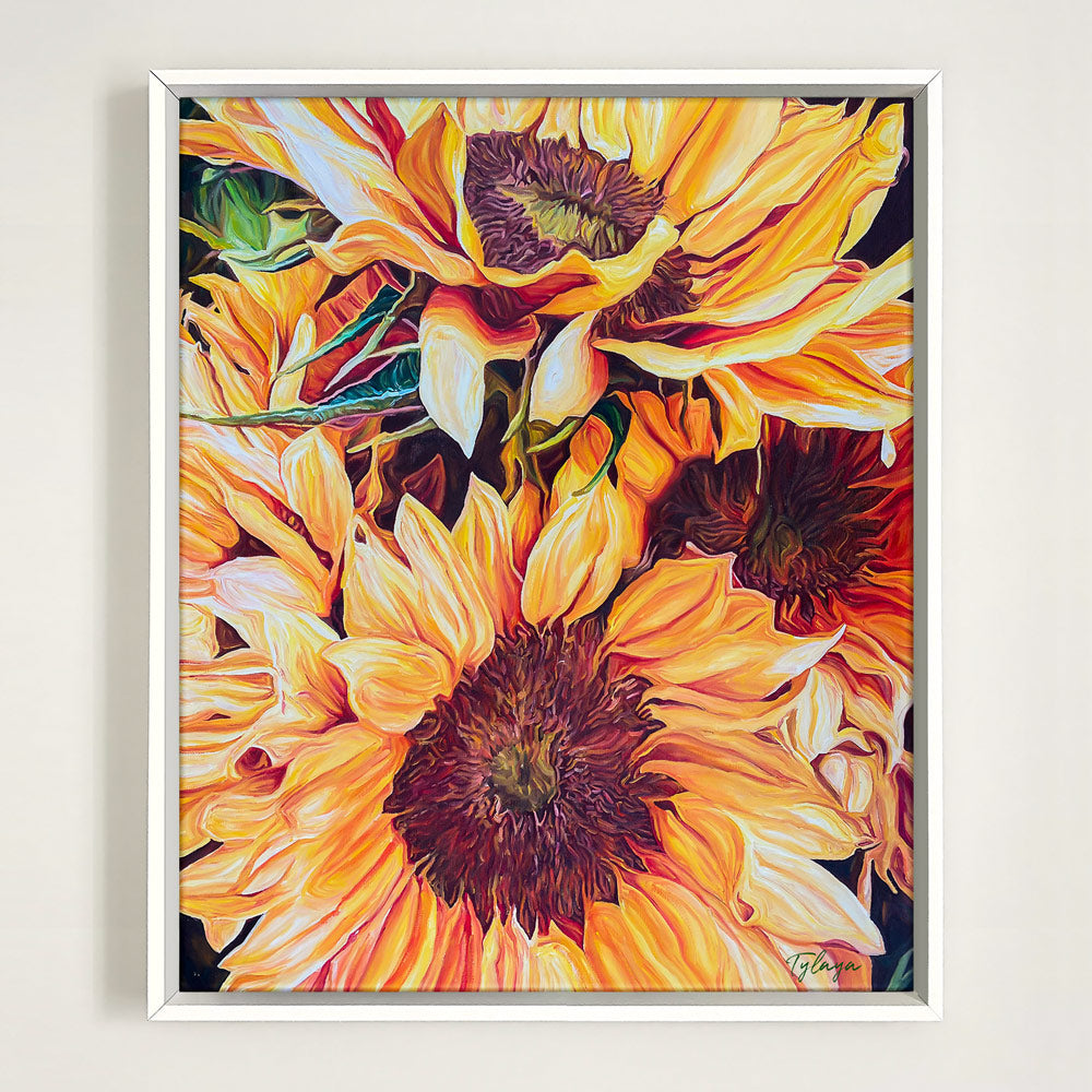 Peinture à l'huile fleurs de tournesols et posters avec caisse americaine blanche