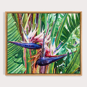 Peinture oiseau de paradis tropical et tableau nature de Fleurs blanches de Ravenala ou arbre du voyageur, rappelant les oiseaux de paradis Strelitzia, une décoration murale bohème, vacances d’été, souvenirs des îles, exotique et chic