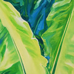 Charger l&#39;image dans la galerie, Peinture tropical et nature multicolore aux couleurs vertes d’un tableau décoratif et contemporain de plantes exotiques avec feuilles de bananier pour déco murale moderne et bohème
