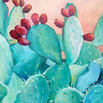 Charger l&#39;image dans la galerie, Peinture cactus plante avec fleurs et fruits rouges de figuier de barabarie tropical et nature pour déco murale nature et intérieur moderne et exotique.
