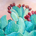 Charger l&#39;image dans la galerie, Peinture cactus plante avec fleurs et fruits rouges de figuier de barabarie tropical et nature pour déco murale nature et intérieur moderne et exotique.
