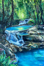 Charger l&#39;image dans la galerie, Peinture de cascades dans la nature d&#39;un tableau coloré à l&#39;huile sur toile pour une deco zen et une ambiance de forêt enchantée et magique.
