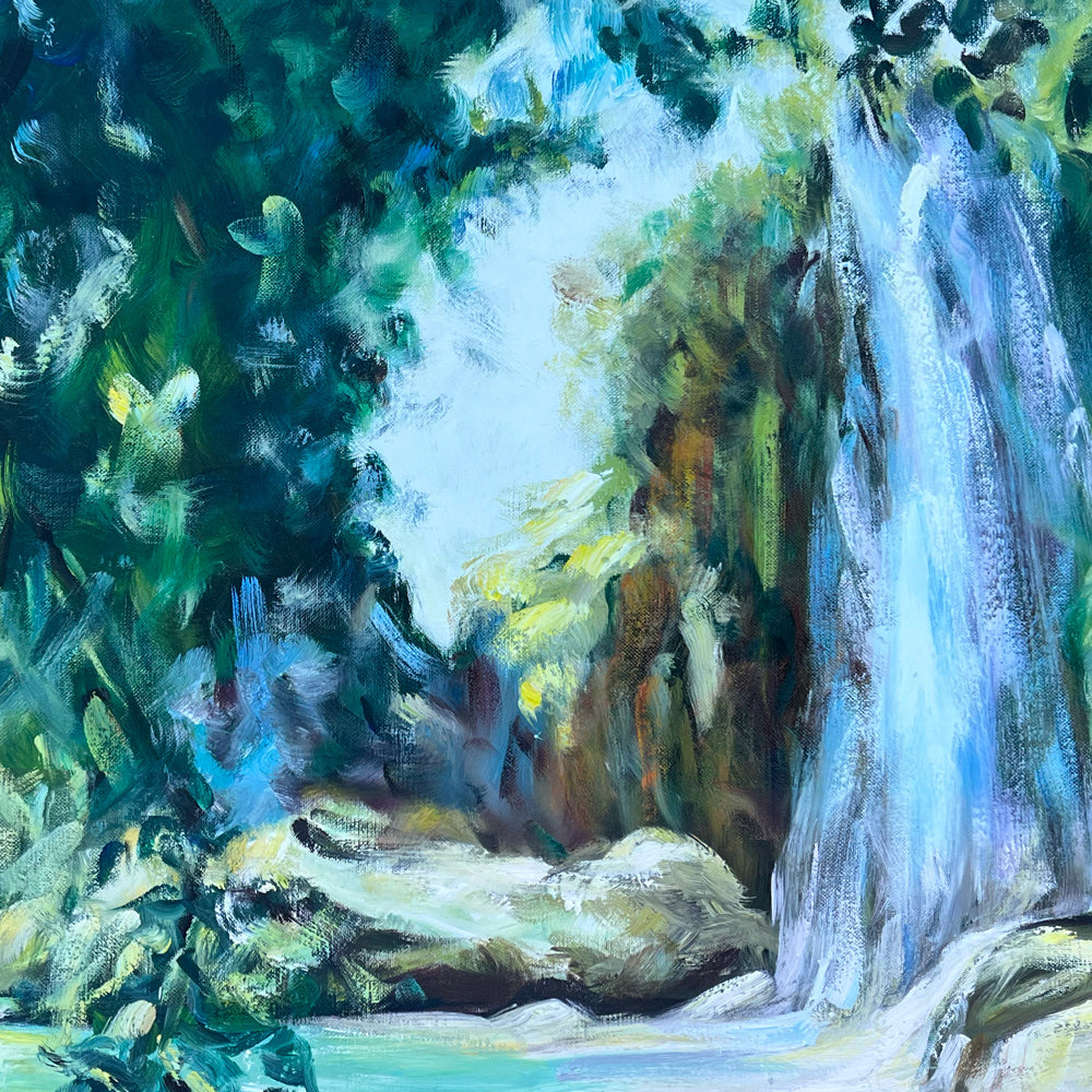 Peinture cascade de tableau de paysage nature, une crique ensoleillée un cours d'eau qui s’écoule le long d’un mur moussu, pour une deco murale naturelle et zen