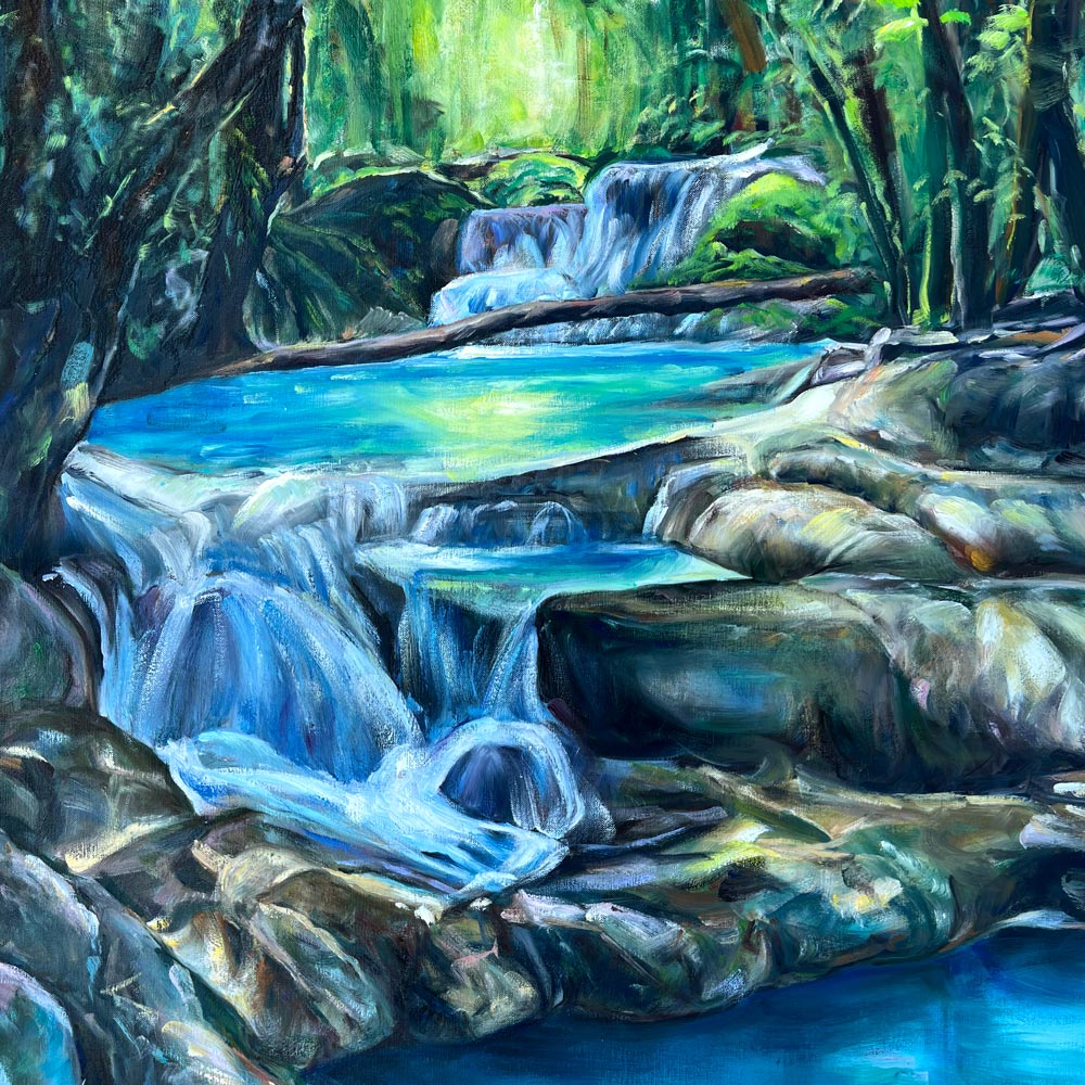 Peinture eau et cascade dans la nature d'un tableau coloré à l'huile sur toile pour une deco zen et une ambiance de forêt enchantée et magique.