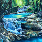 Charger l&#39;image dans la galerie, Peinture eau et cascade dans la nature d&#39;un tableau coloré à l&#39;huile sur toile pour une deco zen et une ambiance de forêt enchantée et magique.
