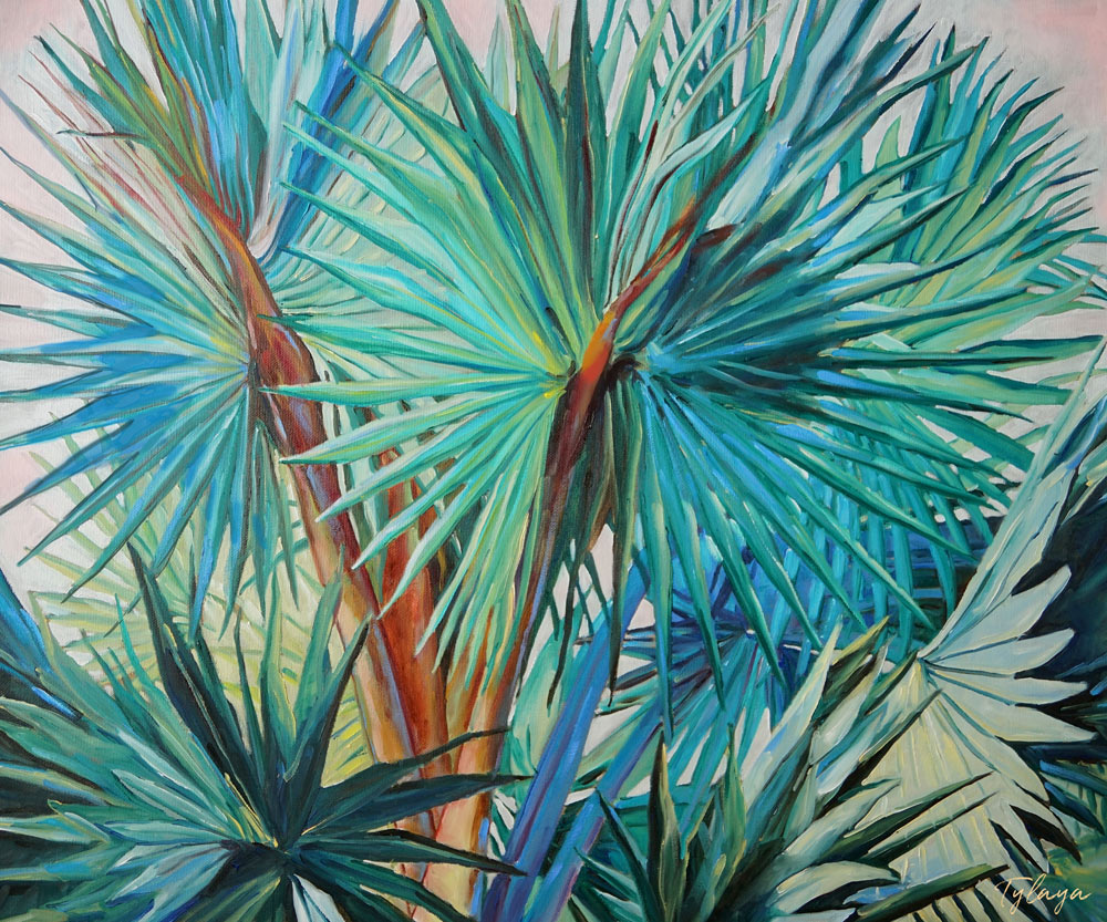 Tableau palmier et peinture palmiers nature de feuilles de palmier exotiques et sauvages des îles représentant la jungle avec la végétation des palmier palmiers aux feuilles multicolores pour une déco tropicale bohème, jungalow et moderne