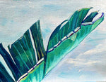 Charger l&#39;image dans la galerie, Tableau tropical feuilles de bananier et peinture d’un paysage d’océan turquoise pour déco murale nature exotique et bohème
