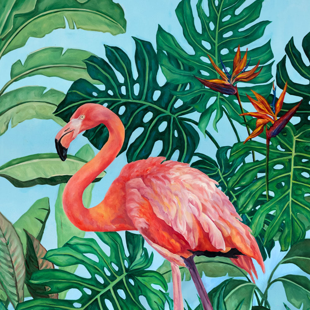 Tableau flamant rose et fleurs tropicales jungle et nature d’une fresque d’oiseaux exotiques et sauvages des îles de l’océan indien aux motifs de feuilles multicolores pour une déco bohème, jungalow et moderne