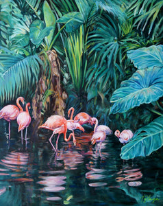 Les jardins du parc phoenix à nice dans une Peinture de flamants roses exotique pour une décoration art tropical et jungle multicolore.