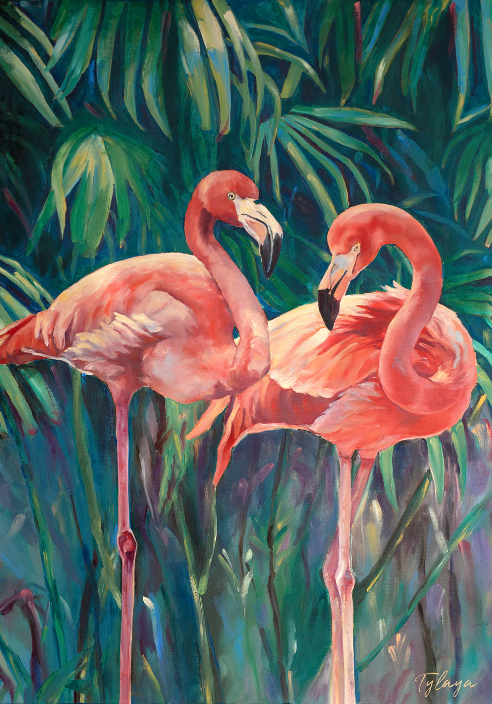 Peinture flamant rose sur un tableau jungle et nature de motifs tropical représentant un couple de flamants roses avec des feuilles de palmiers dans un jardin botanique de Floride pour une déco bohème, jungalow et moderne