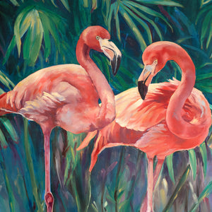 Peinture flamant rose sur un tableau jungle et nature de motifs tropical représentant un couple de flamants roses avec des feuilles de palmiers dans un jardin botanique de Floride pour une déco bohème, jungalow et moderne
