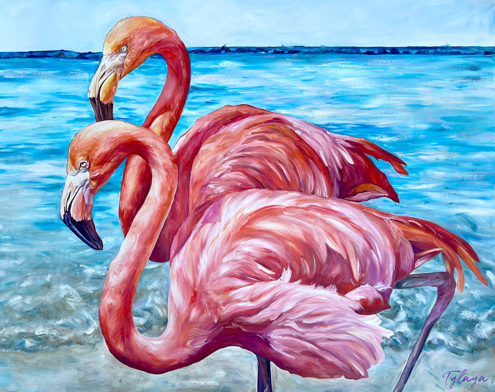 Tableau sur toile d’oiseaux exotiques, deux flamants roses sur la plage, pour une déco murale à l’ambiance paradisiaque et jungalow.