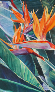 Deco bohème et nature avec peinture de fleurs tropicales multicolores oiseau de paradis sur tableau toile.