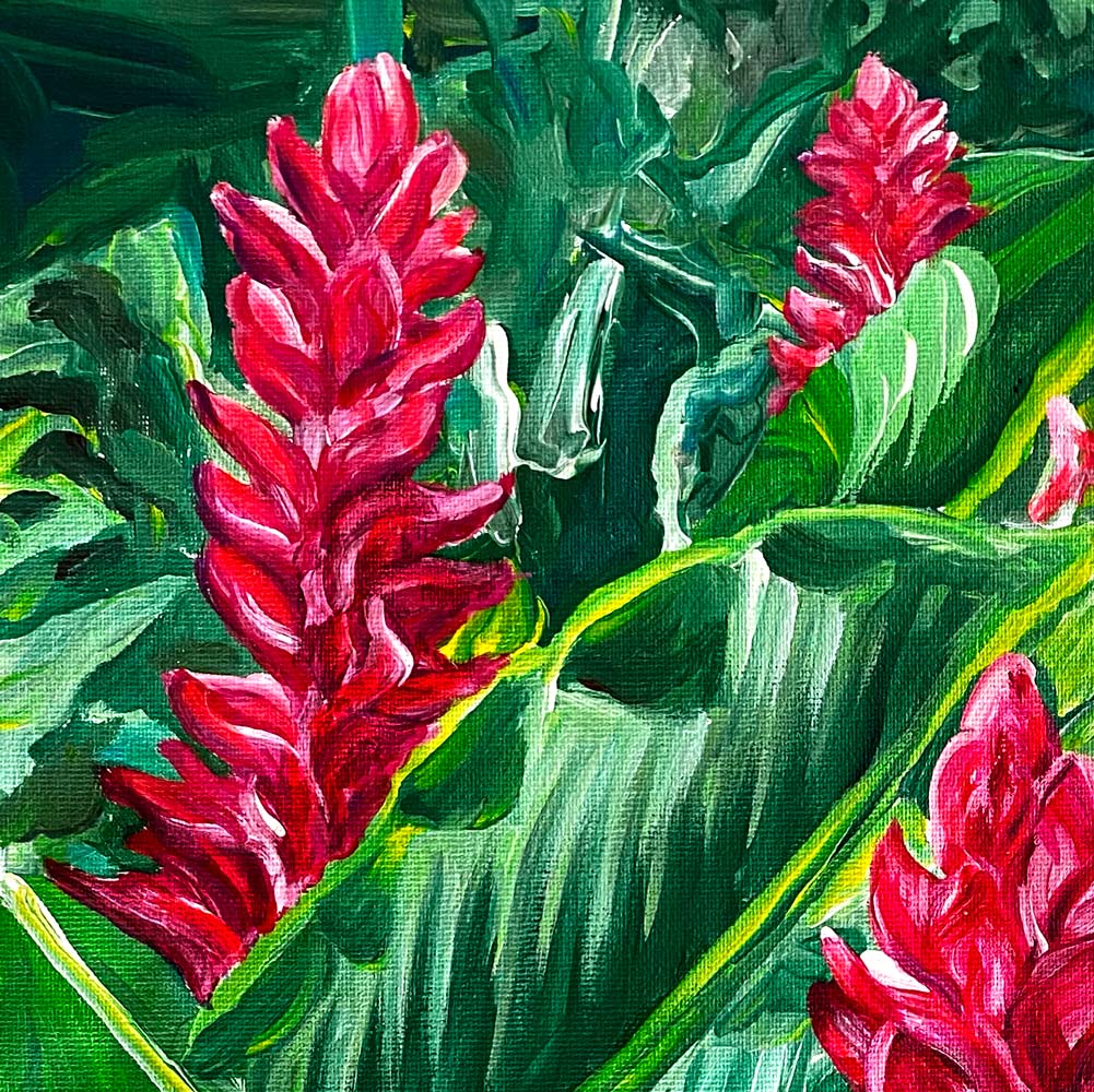 Tableau de fleurs tropicales Alpinias rouges, ou gingembre rouge, pour une déco murale fleurie et exotique.