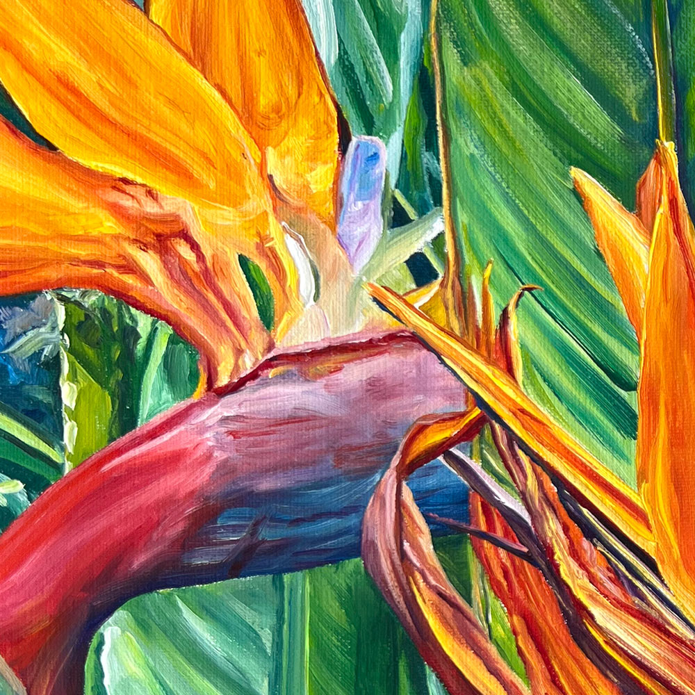 Tableau tropical d’une fleur oiseau de paradis strelitzia dans la jungle, pour une déco murale moderne et exotique.