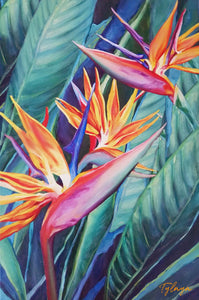 Tableau peinture à l’huile fleurs tropicales sur toile d’Oiseaux du Paradis, strelitzias, fleurs tropicales exotiques pour une déco murale de jungle multicolore.