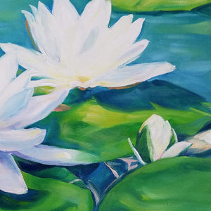  Peinture fleurs (waterlily painting) de nénuphars tropical et nature colorée, d’un tableau contemporain coloré et vibrant de vert et de blanc, de nymphéas blancs fleuri pour déco murale boheme et botanique