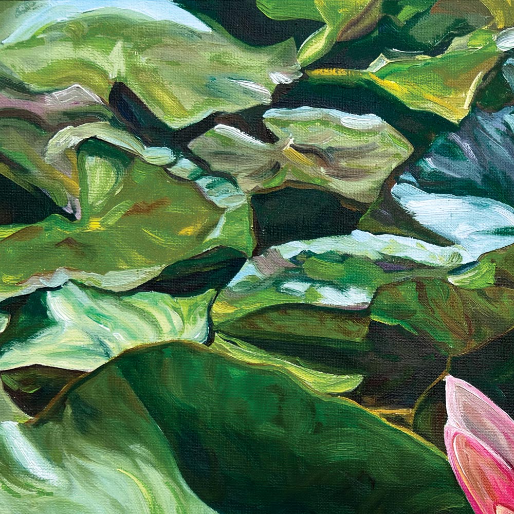 Peinture nenuphar waterlily Tableau sur toile de paysage nature, un couple de fleurs de nénuphars s’ouvrent, pour une déco murale chic et tropicale.