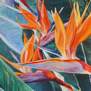  Peinture à l'huile de fleurs tropicales multicolores oiseau de paradis sur tableau toile.