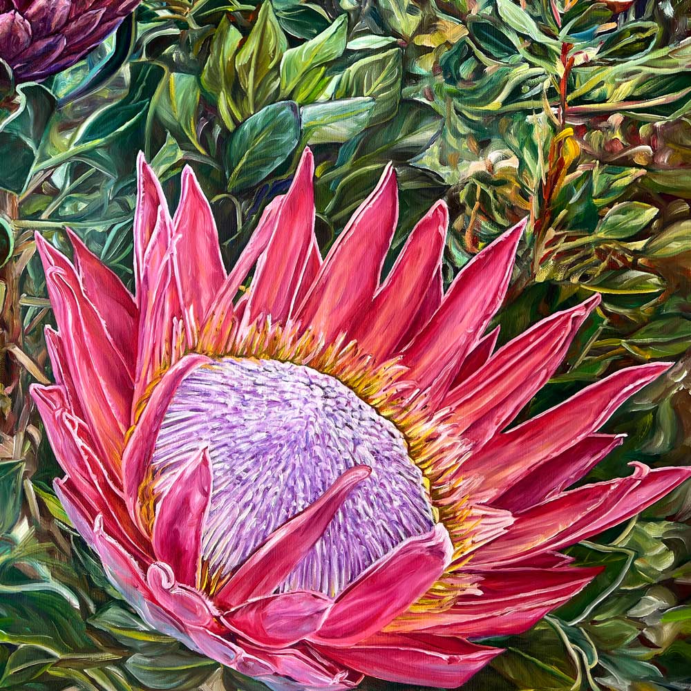 Peinture florale tropicales Protea Tableau exotique fleurs roses