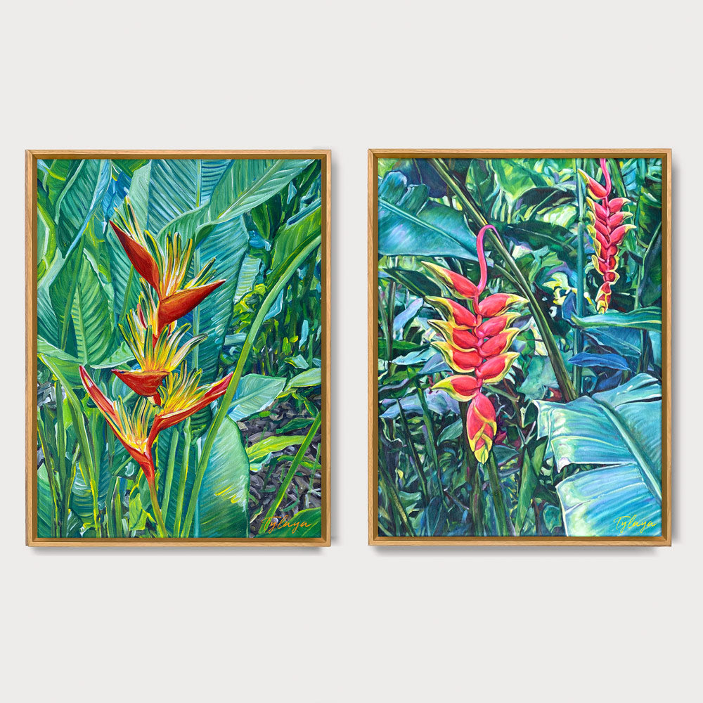 Deux peintures exotiques de fleurs tropicales strelitzia et heliconia multicolore dans un jardin botanique dans une île des Caraïbes pour une deco motif tropicaux, ambiance nature et bohème
