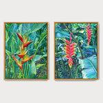 Charger l&#39;image dans la galerie, Deux peintures exotiques de fleurs tropicales strelitzia et heliconia multicolore dans un jardin botanique dans une île des Caraïbes pour une deco motif tropicaux, ambiance nature et bohème
