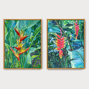 Deux peintures exotiques de fleurs tropicales strelitzia et heliconia multicolore dans un jardin botanique dans une île des Caraïbes pour une deco motif tropicaux, ambiance nature et bohème