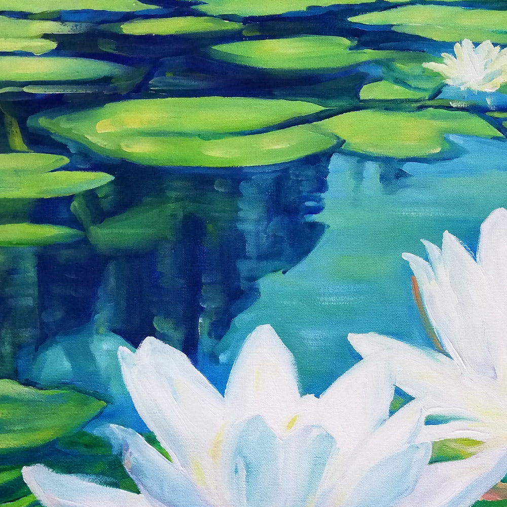  Peinture fleurs (waterlily painting) de nénuphars tropical et nature colorée, d’un tableau contemporain coloré et vibrant de vert et de blanc, de nymphéas blancs fleuri pour déco murale boheme et botanique