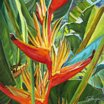 Charger l&#39;image dans la galerie, Tableau de fleurs exotiques Heliconia rouges et oranges, paysage de la beauté de la nature sauvage des forêts tropicales de l’Amazonie d&#39;Amérique du sud pour une déco mer, bohème, jungalow et moderne
