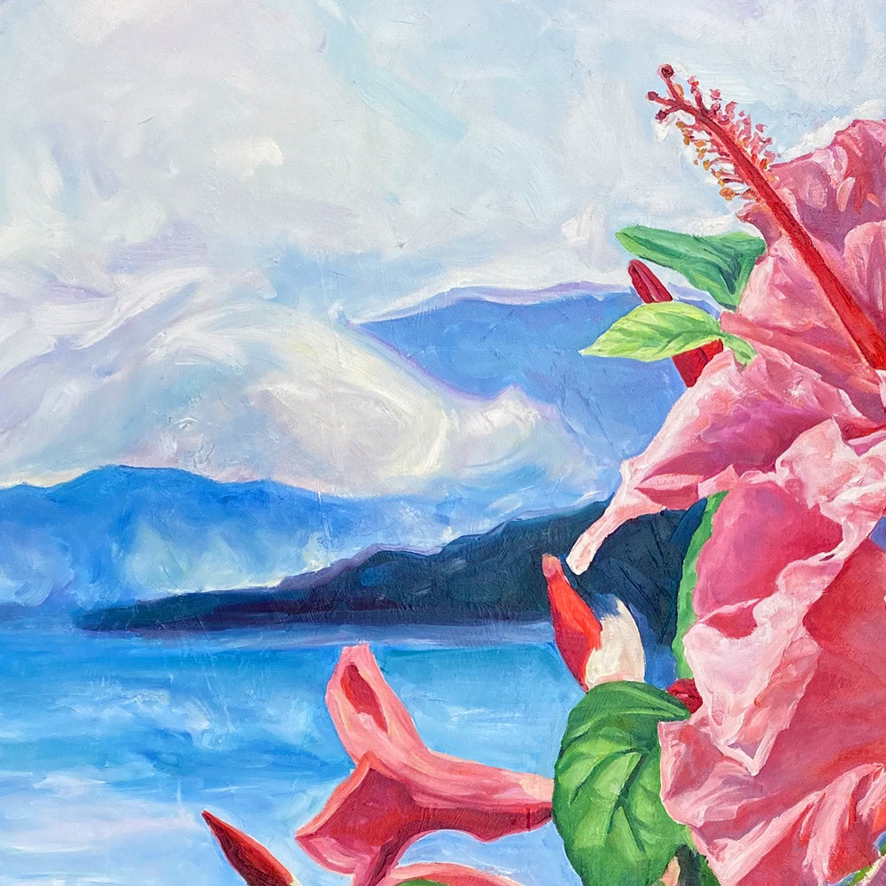 Art hawaii peinture hibiscus roses devant l'ocean pour un tableau sur toile tropical de paysage fleurie.