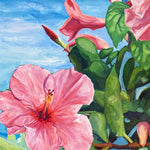 Charger l&#39;image dans la galerie, Art hawaii peinture hibiscus roses devant l&#39;ocean pour un tableau sur toile tropical de paysage fleurie.
