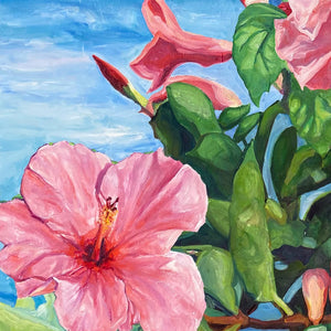 Art hawaii peinture hibiscus roses devant l'ocean pour un tableau sur toile tropical de paysage fleurie.