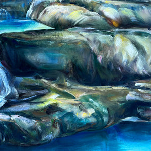 Peinture cascades dans la nature d'un tableau coloré à l'huile sur toile pour une deco zen et une ambiance de forêt enchantée et magique.