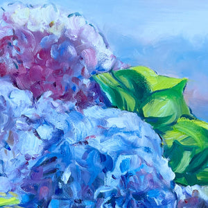 Tableau Peinture Fleurs bleues Hortensias face à l’océan