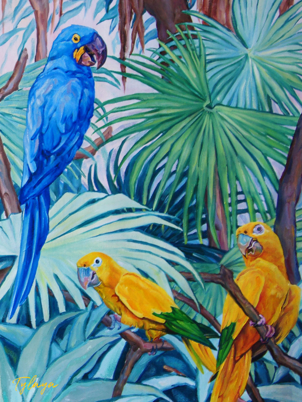 Decoration jungle et chambre tropicale avec Peinture et posters perroquets et feuilles de palmiers.