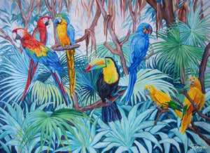 Tableau jungle et nature d’une fresque d’oiseaux exotiques et sauvages représentant des toucans et ara macao perroquets rouge et bleus et de conure soleil dans la jungle avec la végétation des palmiers aux feuilles multicolores pour une déco bohème, jungalow et moderne