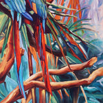 Charger l&#39;image dans la galerie, Peinture tropicale perroquets dans un tableau jungle et nature d’un paysage d’animaux sauvages représentant un couple de Ara macao rouge dans la jungle avec la végétation des palmiers aux feuilles multicolores pour une décoration exotique
